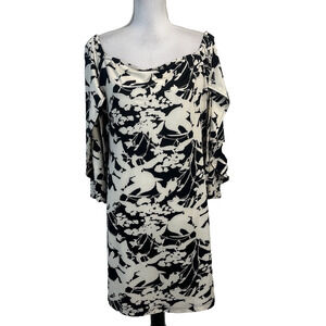 Le Mer Luxe Dress Women's Size L Black Floral Stretch Straight Knee Cottage Core